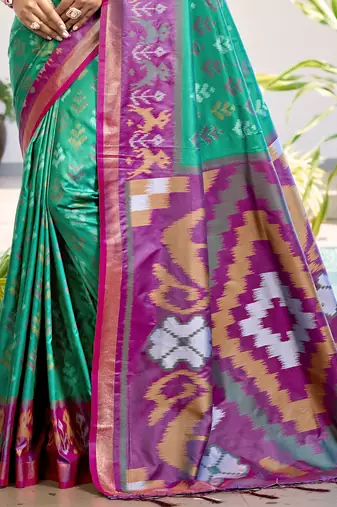 Rama green & purple pochampalli soft silk blend saree with traditional ikat pallu saree