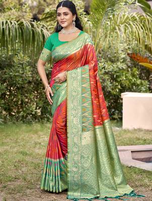 Orange pochampalli silk blend saree  1