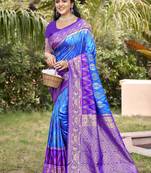 Blue pochampalli silk blend saree | elegant traditional wedding & festive wear saree