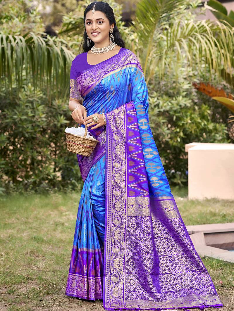 Blue pochampalli silk blend saree | elegant traditional wedding & festive wear saree