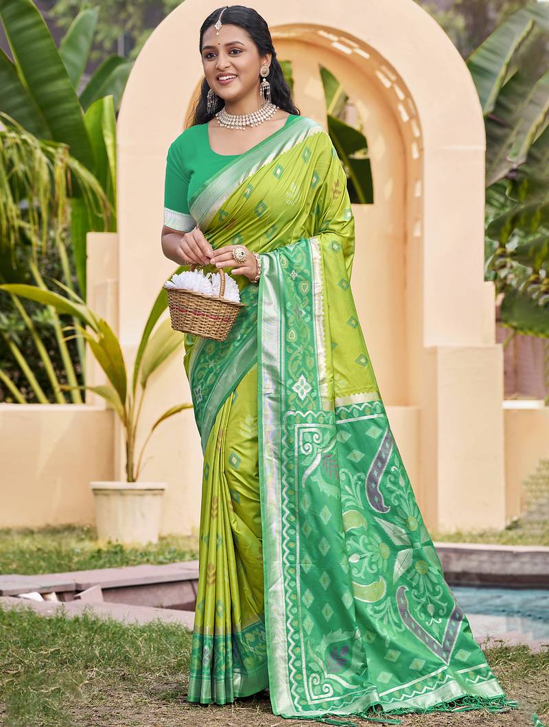 Light green pochampalli silk blend saree | elegant traditional wedding & festive wear saree
