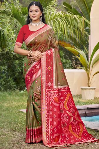 Olive green pochampalli silk blend saree | elegant traditional wedding & festive wear saree