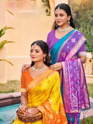 Yellow pochampalli silk blend saree  4