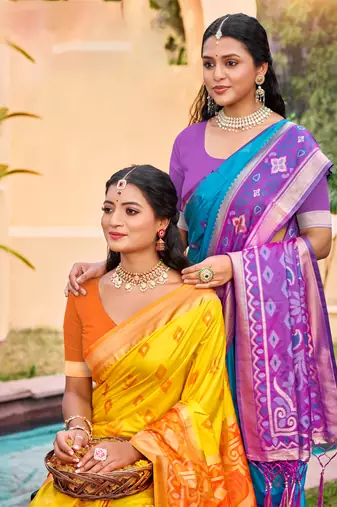 Yellow pochampalli silk blend saree 