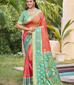 Orange pochampalli silk blend saree | elegant traditional wedding & festive wear saree