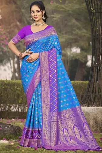 Blue pochampalli silk blend saree | elegant traditional wedding & festive wear saree