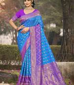 Blue pochampalli silk blend saree | elegant traditional wedding & festive wear saree