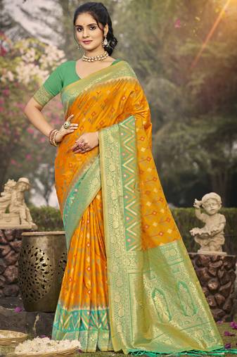 Mustrad yellow pochampalli silk blend saree | elegant traditional wedding & festive wear saree