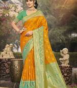Mustrad yellow pochampalli silk blend saree | elegant traditional wedding & festive wear saree