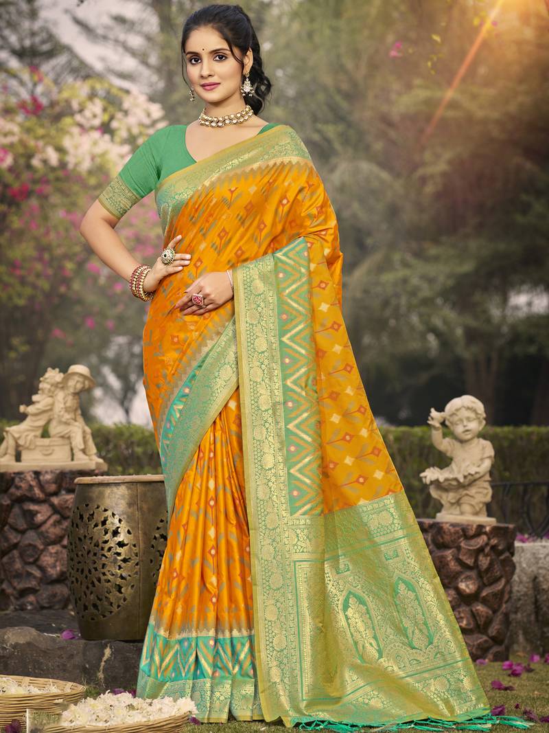 Mustrad yellow pochampalli silk blend saree | elegant traditional wedding & festive wear saree