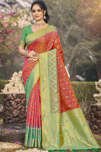 Rust pochampalli silk blend saree | elegant traditional wedding & festive wear saree