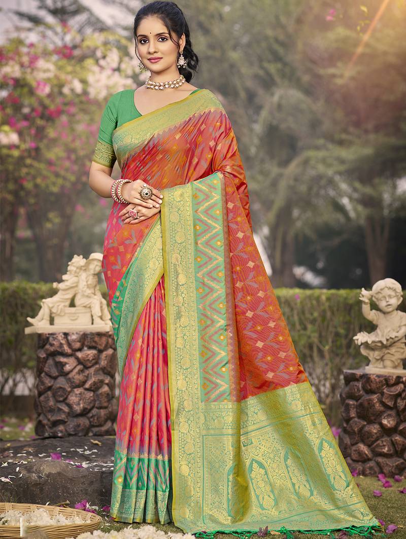 Rust pochampalli silk blend saree | elegant traditional wedding & festive wear saree
