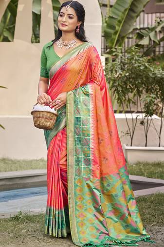 Peach pochampalli silk blend saree | elegant traditional wedding & festive wear saree