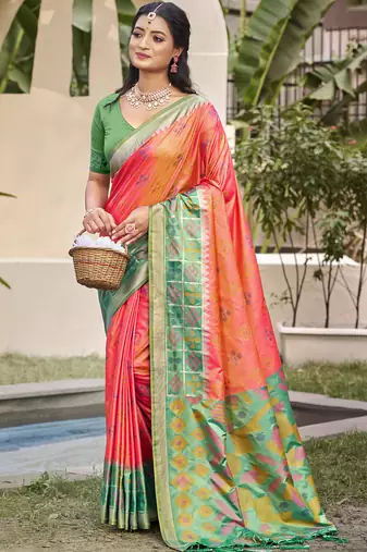 Peach pochampalli silk blend saree | elegant traditional wedding & festive wear saree
