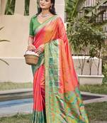 Peach pochampalli silk blend saree | elegant traditional wedding & festive wear saree
