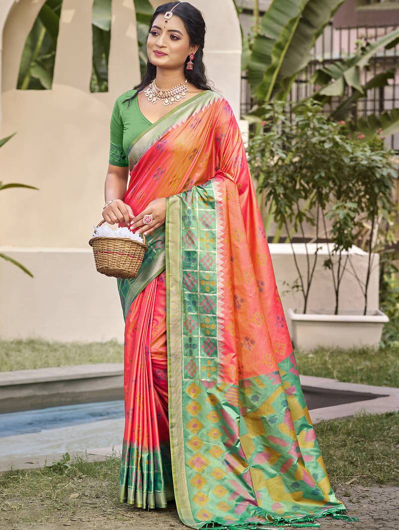 Peach pochampalli silk blend saree | elegant traditional wedding & festive wear saree