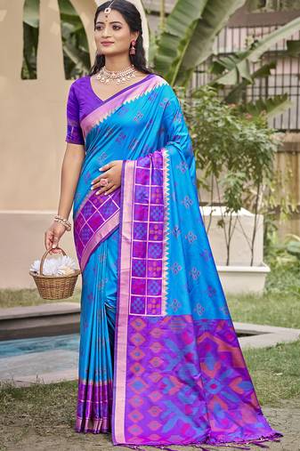 Blue pochampalli silk blend saree | elegant traditional wedding & festive wear saree