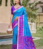 Blue pochampalli silk blend saree | elegant traditional wedding & festive wear saree