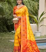 Yellow pochampalli silk blend saree | elegant traditional wedding & festive wear saree