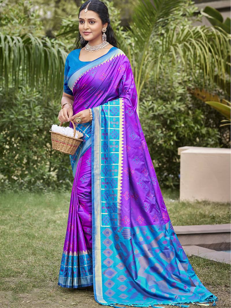 Violet pochampalli silk blend saree | elegant traditional wedding & festive wear saree