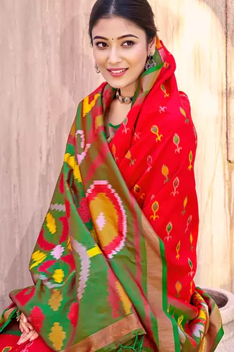 Red pochampalli silk blend saree 