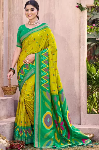 Olive green pochampalli silk blend saree | elegant traditional wedding & festive wear saree