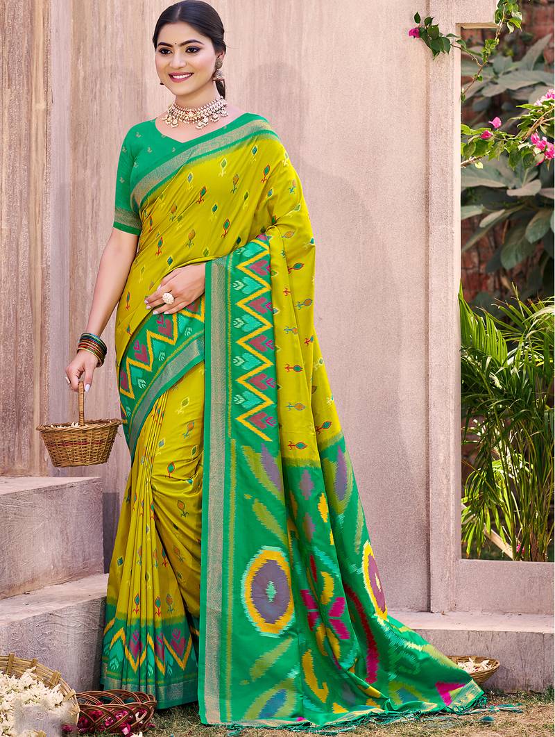 Olive green pochampalli silk blend saree | elegant traditional wedding & festive wear saree