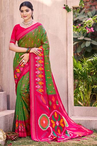 Mehandi green pochampalli silk blend saree | elegant traditional wedding & festive wear saree