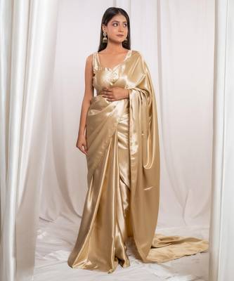 golden cutdana border satin embroidered saree with stitched blouse 1