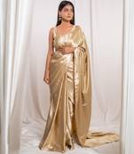 Golden cutdana border satin embroidered saree with stitched blouse