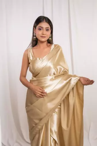 golden cutdana border satin embroidered saree with stitched blouse