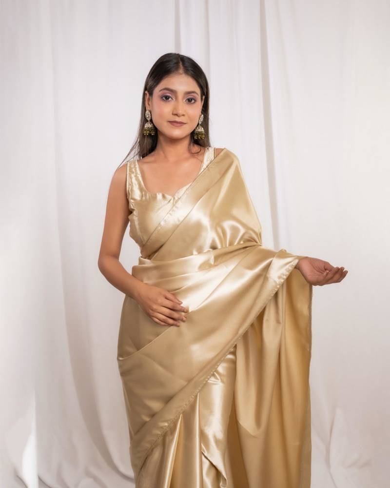 Golden cutdana border satin embroidered saree with stitched blouse
