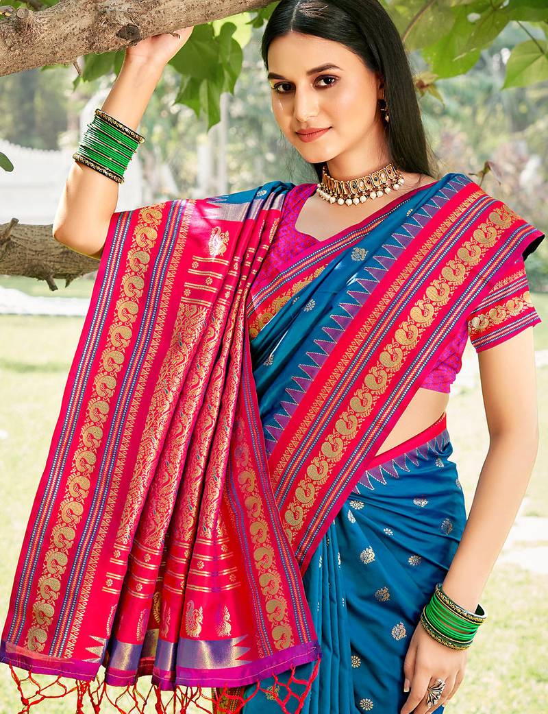 Graceful blue banarasi silk blend saree with golden zari woven border & floral jaal – wedding & festive wear