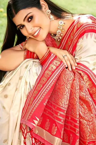 Graceful cream banarasi silk blend saree with golden zari woven border & floral jaal     wedding & festive wear