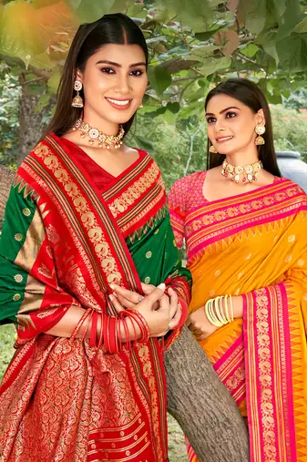 green banarasi silk blend saree with golden zari woven border