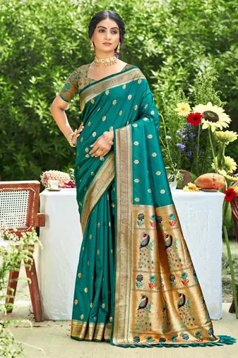 Graceful teal banarasi silk blend saree with golden zari woven border & floral jaal     wedding & festive wear