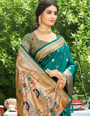 teal banarasi silk blend saree with golden zari woven border 2