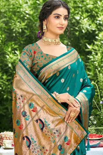teal banarasi silk blend saree with golden zari woven border