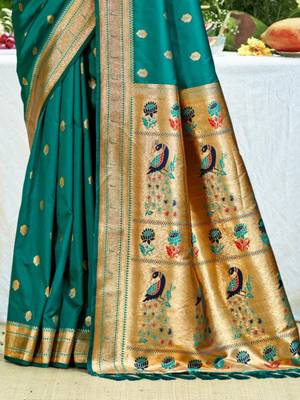 teal banarasi silk blend saree with golden zari woven border 3
