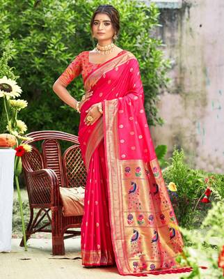 pink banarasi silk blend saree with golden zari woven border 1
