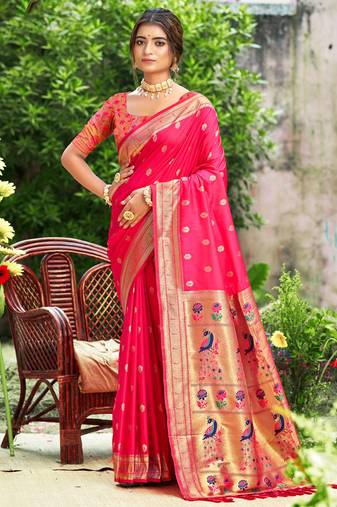 Graceful pink banarasi silk blend saree with golden zari woven border & floral jaal – wedding & festive wear