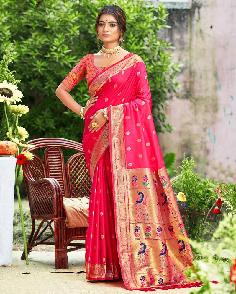 Graceful pink banarasi silk blend saree with golden zari woven border & floral jaal     wedding & festive wear