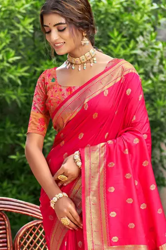 pink banarasi silk blend saree with golden zari woven border