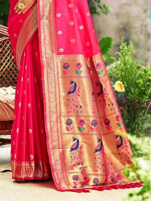 pink banarasi silk blend saree with golden zari woven border 3