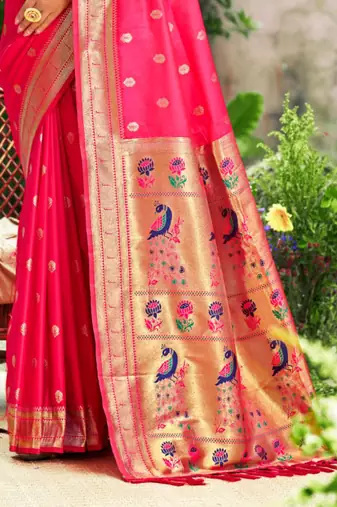 pink banarasi silk blend saree with golden zari woven border
