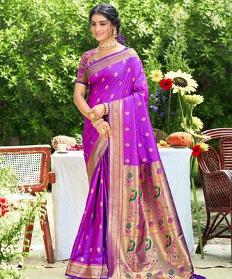 violet banarasi silk blend saree with golden zari woven border 1