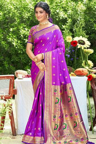 Graceful violet banarasi silk blend saree with golden zari woven border & floral jaal – wedding & festive wear
