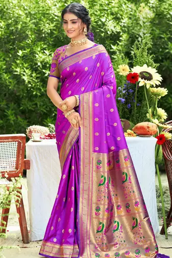 Graceful violet banarasi silk blend saree with golden zari woven border & floral jaal – wedding & festive wear