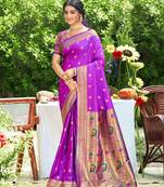 Graceful violet banarasi silk blend saree with golden zari woven border & floral jaal     wedding & festive wear