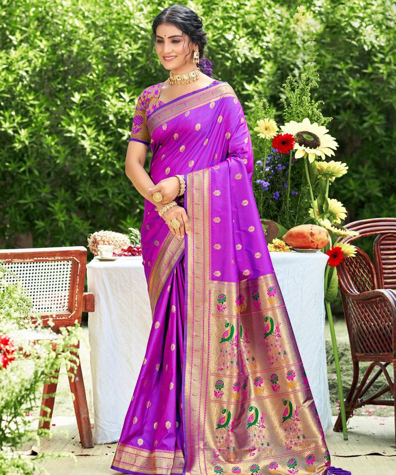 Graceful violet banarasi silk blend saree with golden zari woven border & floral jaal     wedding & festive wear